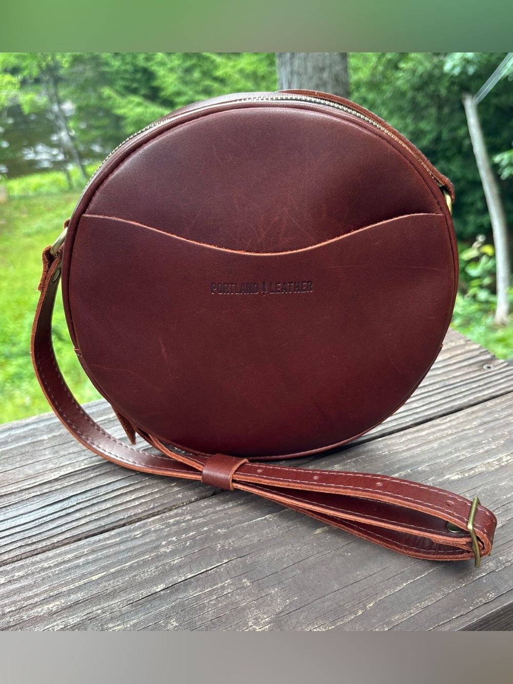 Portland Leather "Almost Perfect" Large Circle Crossbody Bag "Cognac" 9x2.5